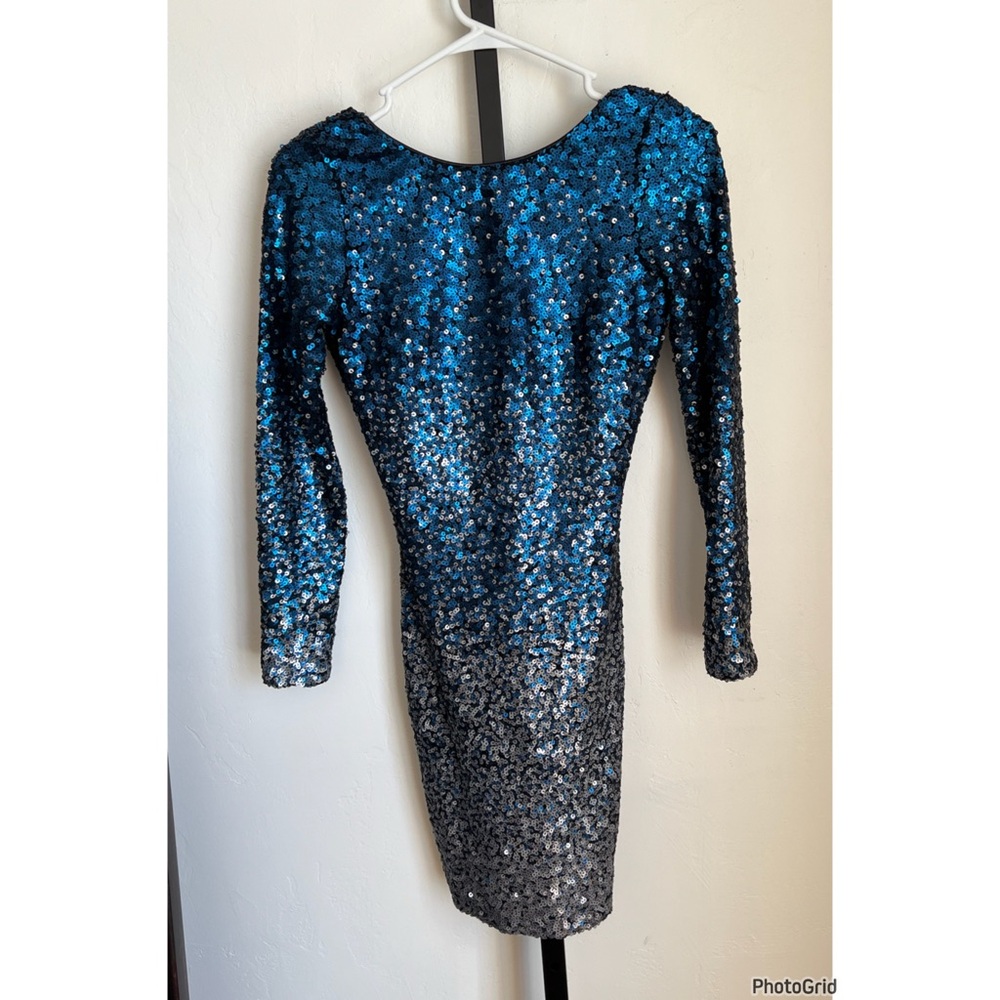 Dress The Population Blue Silver Long Sleeve Sequin Party Dress XS